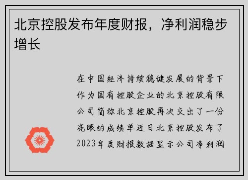 北京控股发布年度财报，净利润稳步增长