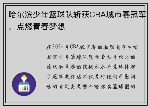 哈尔滨少年篮球队斩获CBA城市赛冠军，点燃青春梦想