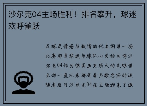 沙尔克04主场胜利！排名攀升，球迷欢呼雀跃
