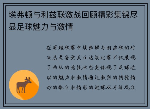 埃弗顿与利兹联激战回顾精彩集锦尽显足球魅力与激情